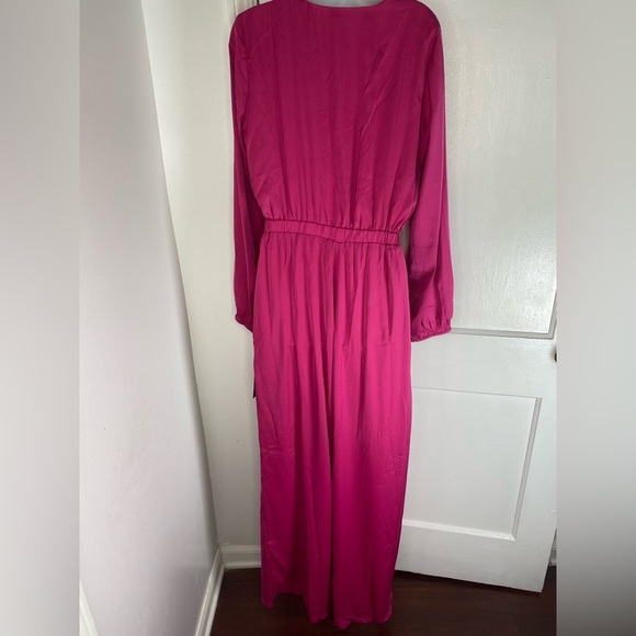 Lulu's NWT Trendsetting Direction Magenta Satin Tie Front Wide Leg Jumpsuit - Picture 10 of 11
